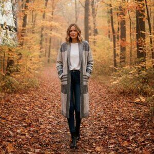 JOSEPH A Long Open Cardigan Sweater - Gray Combo - Size M - NWT